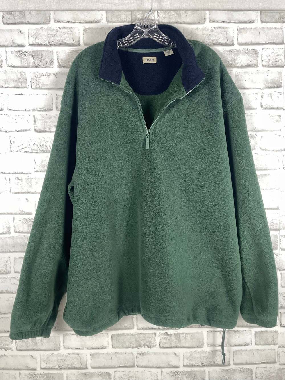 IZOD Fleece Pullover Quarter Zip Men XXL Green Navy Blue Accent Cinch Hem Jacket